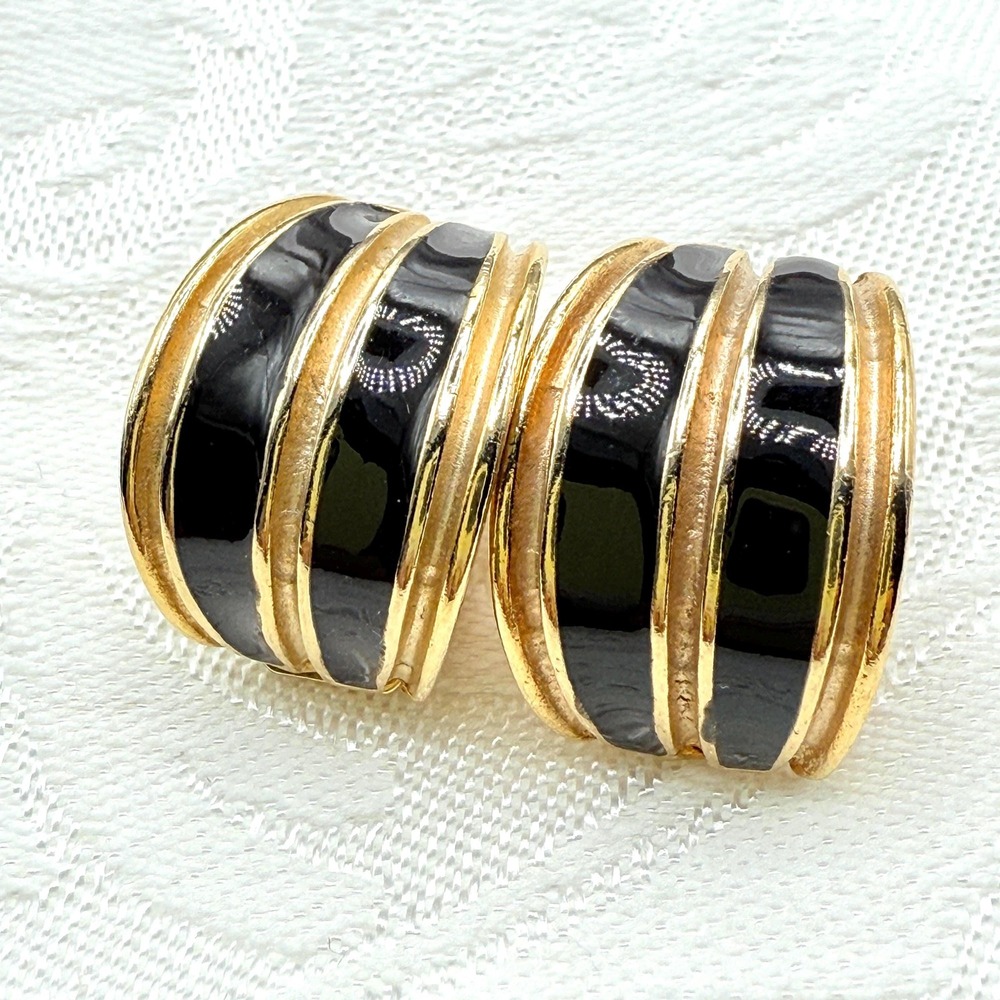 Vintage Ernst Gideon Bek Half-Hoop Gold Tone Clip Earrings w/ Black Enamel